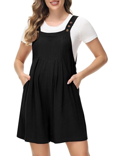 Maternity Sleeveless Rompers Wide Leg Button Up Elastic Waist Trendy Short Bib Overalls Jumpsuit with Pockets Black M