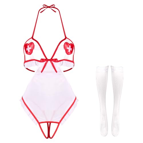 Satohom Frauen Sexy Krankenschwester Kostüm Rollenspiel Schritt Ohne Teddy Babydoll Bodysuit Cosplay Outfit Dessous Versuchung Bikini Strappy Unterwäsche Nachtwäsche Negligee mit Stirnband