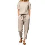 EMATOP Leinen Zweiteiler Damen Sommer Casual Hosenanzug 2 Teiler Kurzarm Tshirt Lang Hose Freizeitanzug Leicht Einfarbig Sportanzug mit Taschen Tracksuit Elegant Baumwolle Workout Set