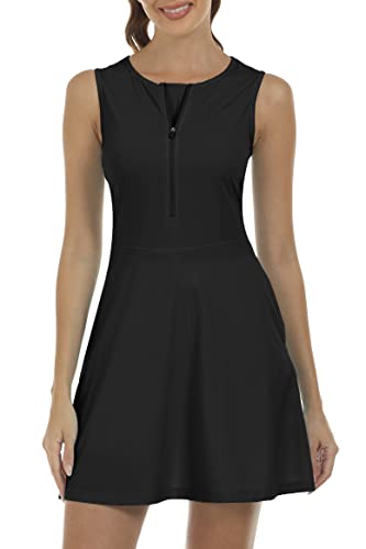 JINSHI Tennis-Kleid Damen Golf Kleider mit ShortsTennisklamotten Fitenss trainingskleid Freizeit Sport Kleider Taschen Schwarz Größe XL