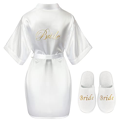 Bride Morgenmantel und Bride Hausschuhe Braut Brautjungfer Kurze Weiße Satin Braut Robe Hausschuhe für Frauen Mädchen (L)