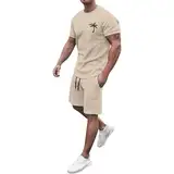 Generisch Kurze Hose Und T-Shirt Set Herren, Slim Fit Freizeitanzug Rundhals Zweiteiler Trainingsanzug Atmungsaktiv Jogginganzug Modische Baggy Sommeranzug, Khaki, Xl