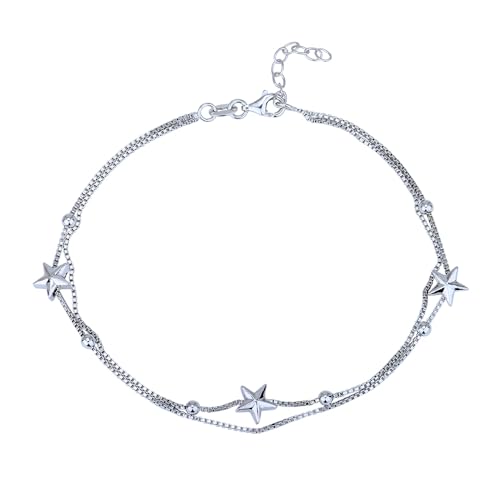 Vanbelle-Schmuck aus Sterlingsilber – rhodiniert mit 925er-Stempel – doppellagiges Fußkettchen mit Stern- und Perlenkette – 22,9 cm lang + 2,5 cm Verlängerung