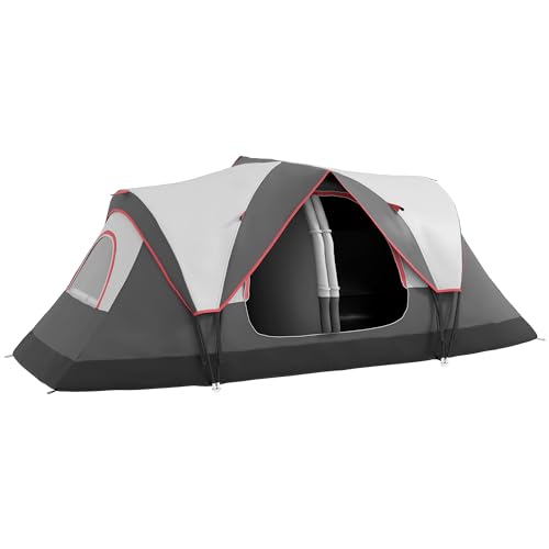 Outsunny Campingzelt, Tunnelzelt für 6-8 Personen, mit Lichthaken, Meshfenster, 2 Räumen Winddicht Familienzelt mit Tragetasche, 2000mm Wasserabweisend Gruppenzelt für Camping, Garten, Grau