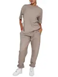 REORIA Damen Baumwolle Rundhals Jogginganzug Kurzarmoberteile und Langarmjogginghosen Zweiteiler Trainingsanzug Hausanzug Sport Set Lounge Set Khaki L