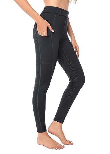 Reitleggings Damen Vollbesatz mit Handytasche, High Waist Reithose Damen Mädchen Stretch mit Gürtelschlaufen Grau S