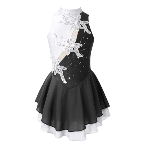 FEESHOW Mädchen Eiskunstlauf Kleid Neckholder Pailletten Blumen Eislaufen Kleid Tanz Trikot Kinder Glänzende Rollschuhlaufen Tanzkleidung Schwarz&Weiß 146-152/11-12 Jahre