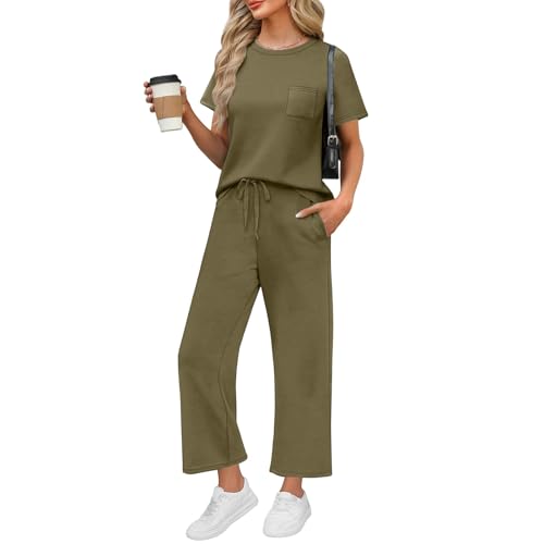 Zweiteiler Damen Ärmellose/Kurzarm Hosen Mit Weites Bein Hosenanzug 2 Teilig Leicht Tshirt Und Hose Elegant Sommeranzug Casual Sommer Outfits Bequem Jogginganzug Business Anzug(Army Green,L)