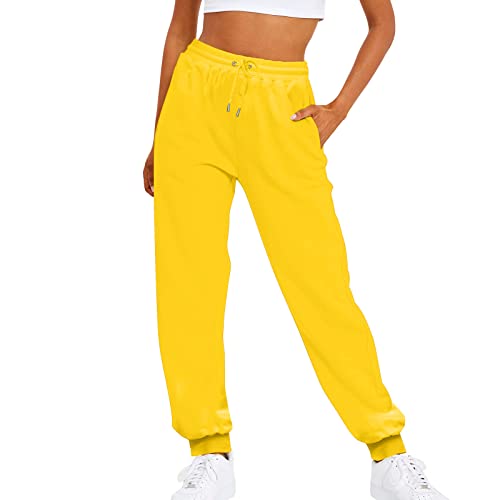 Outdoorhose Hose Hohe Taille Lang Baggy Elegant High Waist Outdoor Hosen Taschen Bequeme Stretch Freizeithosen Weites Bein Täglich Yogahose Elastisch Haremshose Sport Damen Jogginghose (ZjA-Yellow, M)