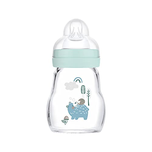 MAM Feel Good Babyflasche aus Glas (170 ml), Milchflasche mit weiter Öffnung, stabile Baby Trinkflasche mit Sauger Gr. 1, ab der Geburt, Bär/Igel