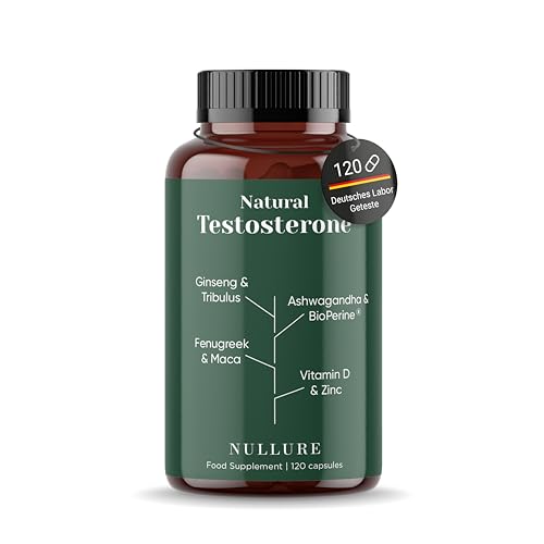 Testosteron Booster Nullure | Vegan | Ashwagandha + Maca + Panax Ginseng + Bockshornklee + Tribulus Terrestris + Zink | Leistung · Libido · Muskelaufbau · Energie | Natürlicher Testo | 120 Kapseln