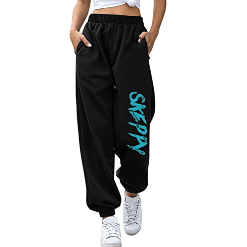 Generisch Jogginghose Baggy Feste Zeichenkette Freizeitdruck -Hose für Frauen-Sport-Wide-Bein ziehen Saite Hosen Farbhose Sommerhose Damen Leicht Print (Blue, L)