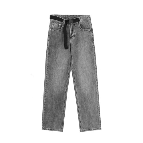 Europäische und amerikanische Street Washed Grey Belt Jeans-Grau-XXL