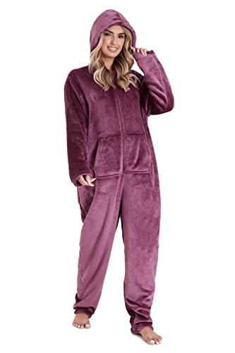 CityComfort Jumpsuit Damen Kuschelig Fleece Einteiler Schlafanzug Onesie Damen S-XL (Lila, L)