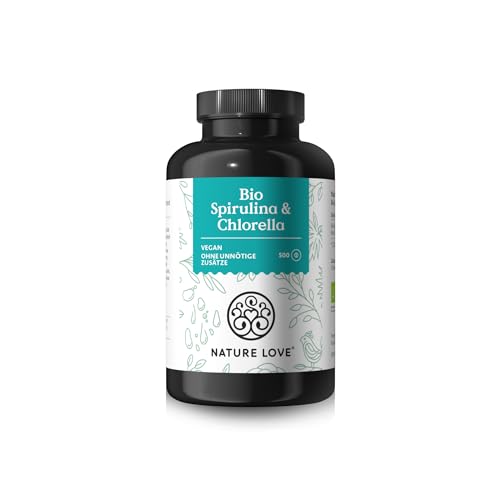 NATURE LOVE® Bio Spirulina + Bio Chlorella - je 3000mg Spirulina & Chlorella pro Tagesdosis - 500 Tabletten - Ohne Zusätze und Bio zertifiziert - Hochdosiert, laborgeprüft und vegan