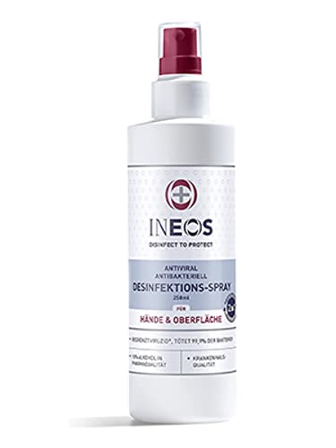 INEOS - Desinfektion-Spray 2in1 - Desinfektionsreiniger auf Alkoholbasis - Hände- & Flächendesinfektion - Gegen Viren und Bakterien - 250 ml - Parfümfrei, Verpackung kann Variieren