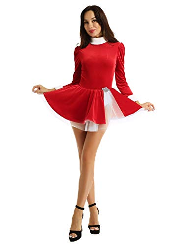 Freebily Damen Weihnachtskleid Weihnachtsmann Kostüm Miss Santa Kleid Samt Tanzkleid Eiskunstlauf Ballettkleid Gymnastik Trikot Rot L