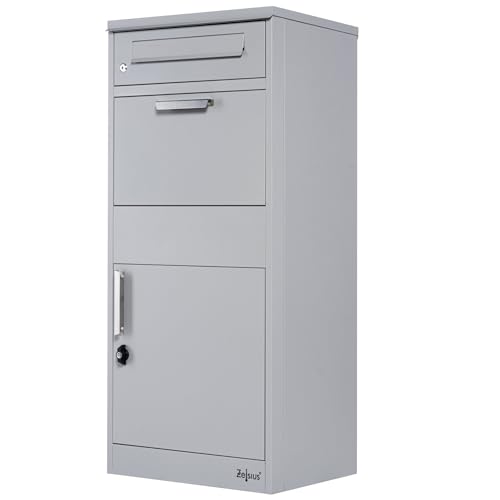 Zelsius Paketbriefkasten | RAL9007 Grau | verzinkter pulverbeschichteter Stahl mit Edelstahl Elementen | Briefkasten mit Paketfach, integrierte Rückholsperre | Bodenmontage | Paketbox, Parcel Box