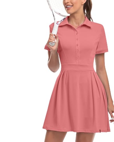 Soneven Damen Tenniskleid mit Hose Tennis Kleidung Set Ärmellos A-Linien Sportkleider Sommerkleid Golfkleid Für Sport Tennis Golf Baseball,Rosa,XL