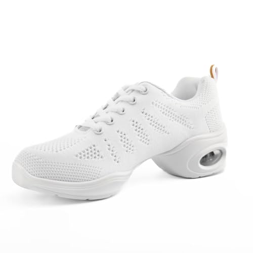 Asyusyu Tanzsneaker Damen Tanzschuhe Schnüren Jazz Tanzschuhe mit Luftkissen for Damen Herren Cheerleader Zumba-Weiss, 40EU