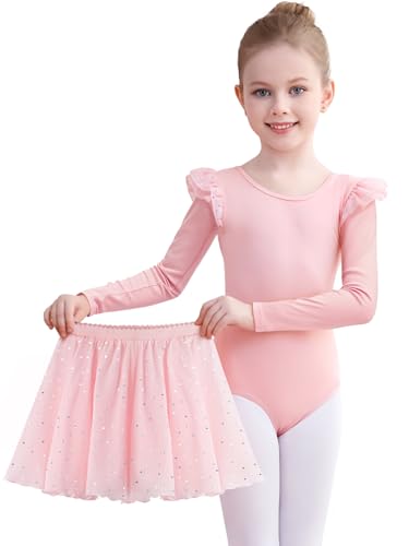 Comfyouth Ballettkleidung Mädchen Langarm Ballerina Turnanzug mit Abnehmbarem Rock Glitzer Ballettkleid Tanzkleid Kinder Ballett Trikot 2-11 Jahre