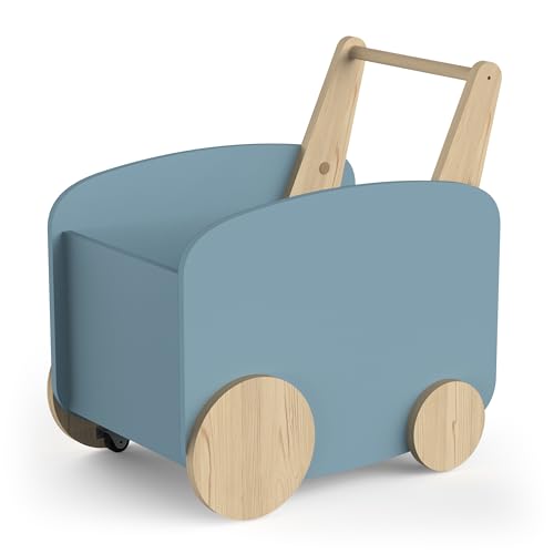 habeig Spieltruhe, Spielzeugbox, Spielzeugtruhe, Spielwagen, Spielauto, MDF Holz, 55x53x35 cm, 7kg, Kinderzimmer (blau/natur)