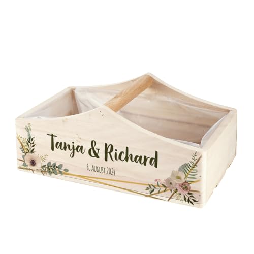Herz & Heim® Geschenkkorb mit Druck oder Gravur zur Hochzeit, dem Jahres- oder Valentinstag (Namen & Datum mit Blüten)