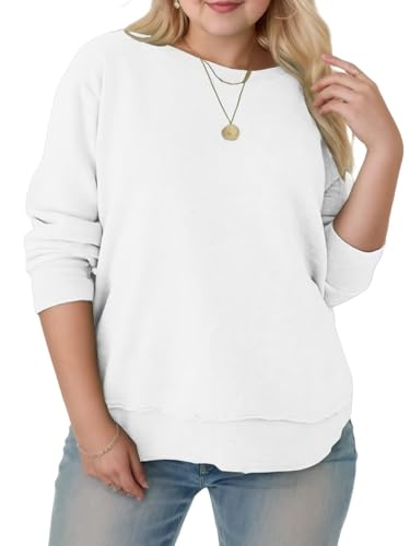DOLNINE Plus-Size-Sweatshirts für Damen, lässiger Rundhalsausschnitt, langärmelig, seitlicher Schlitz, Tunika, Tops, lockere Passform, Weiss/opulenter Garten, XL Große Größen