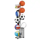 smusei Ballständer Metall, 7 Stufige Ball Aufbewahrungsregal Vertical Ball Rack Halter mit 2 Körben & Haken, Zimmer Outdoor Sportgeräte Organizer für Basketball, Fußball, Volleyball usw