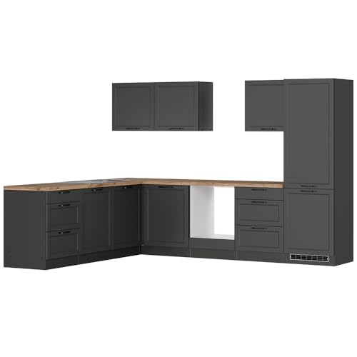 Lomadox Winkelküche Küche Einbauküche Küchenzeile L-Form 300/240 cm in grau, Arbeitsplatte in Eiche