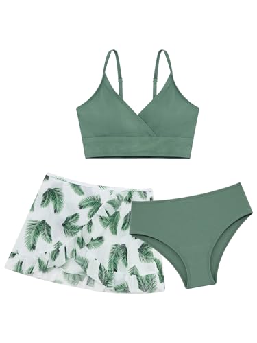 Xnihocha 3 Stück Bikini Set Mädchen Teenager Bikinioberteil mit Triangel Bikinihose und Rock Hawaii UV Schutz 50+ Schwimmanzug für 8-16 Jahre Grün 140-146