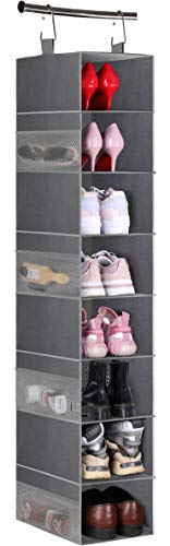 MISSLO 8-Regal Hängende Schuh Organizer Kleidung Schrank Organizer und Aufbewahrungsregale Huthalter mit großem Regal und seitlichen Mesh Taschen für Hüte Handtaschen Kid Pullover, grau