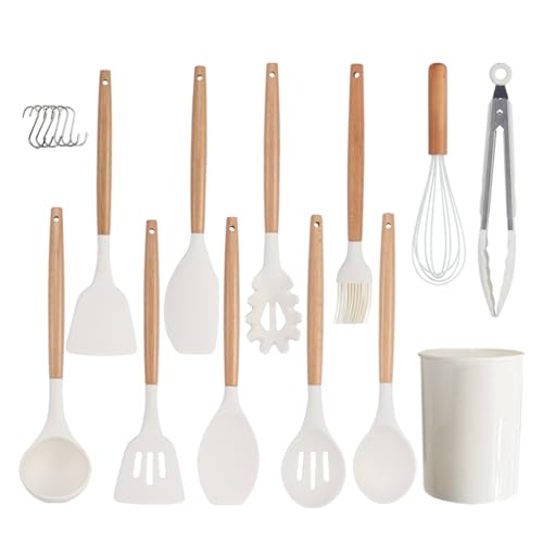 Küchenhelfer-Set 12-teilig Silikon-Kochutensilien-Set mit Holzgriff, hitzebeständig antihaftbeschichtet Kochgeschirr Zange Spatel Löffel-Set (Weiss)