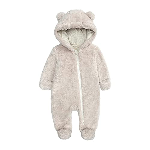 TinaDeer Baby Schneeanzüge Winter Overall mit Kapuze Winter Strampler Fleece Overall mit Fuß für Babys Neugeborene Kleinkind Mädchen Jungen Warm Jumpsuit für 0-12 Monate (Beige, 0-3 Monate)