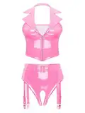 Freebily Damen Wetlook Dessous Set Lack Leder Weste Crop Top Ouvert G-String Strapse Slip Set Erotik Lingerie Nachtclub Gogo Outfit Clubwear Rosa XL