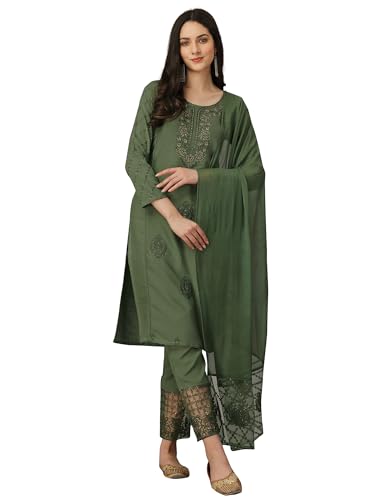 TRENDMALLS Salwar-Anzug für Damen, Baumwolle, Viskose, Stickerei, Kurta-Hose, Set mit Dupatta, Grün , 3XL