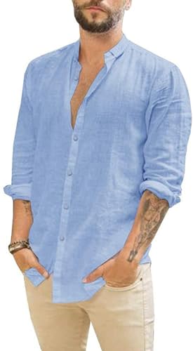 Friptspyg Herren Hemd Langarm Leinenhemd Button Down Freizeithemden für Herren Casual Regular Fit Shirt Sommer Strandhemd, Himmelblau L