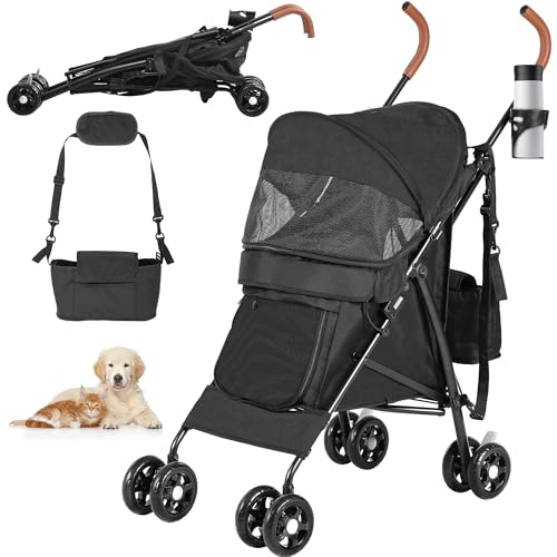 YITAHOME Hundebuggy Bis 11,3kg Klappbar, Katzenwagen, 360°Verschleißfeste EVA-Räder, Ablagekorb, Netzfenstern, Getränkehalter, Hundewagen für kleine hunde, Katzenbuggy (Schwarz)