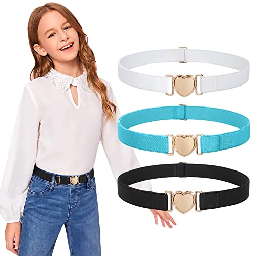 JasGood 3 Stück Elastische Gürtel für Kleinkind Kinder Einstellbare Mädchen Teens Stretch Gürtel mit Herz Schnalle für Jeans Hosenkleid