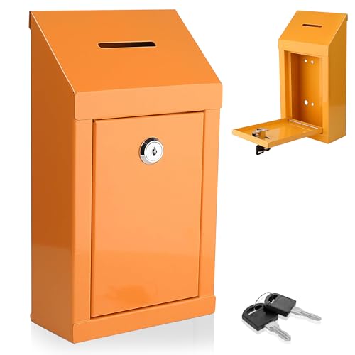 Metall-Spendenbox für Wohltätigkeitsorganisationen, Stahl, Sammelbox mit Vorschlagschlitz und Schloss, inklusive Schlüsseln, Wandmontage mit vorgebohrten Löchern, 25,4 x 15,2 x 6,3 cm (Orange)