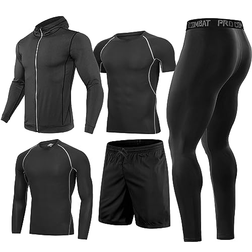 Männer Workout Kleidung Outfit Fitness Bekleidung Fitnessstudio Outdoor Laufen Kompressionshose Shirt Top Langarm Jacke 4PCS oder 5pcs schwarz M