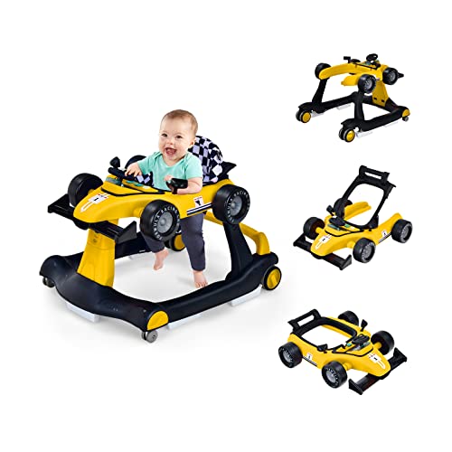 COSTWAY 4 in 1 Lauflernhilfe, Lauflernwagen klappbar mit einstellbarer Höhe & Geschwindigkeit, Baby Walker Autoförmig mit Musikbox, Licht & Rädern, Gehfrei Baby ab 6 Monaten, 12kg Belastbar (Gelb)
