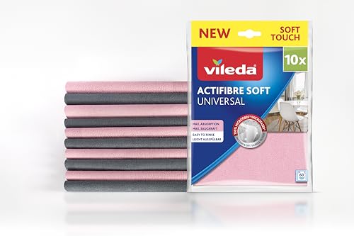 Vileda Actifibre Soft Universal Mikrofasertuch, Reinigungstuch aus 100 Prozent Mikrofaser für streifenfreie Ergebnisse, hohe Saugkraft, ideal für alle glatten Oberflächen, rosa und grau, 10 Stück