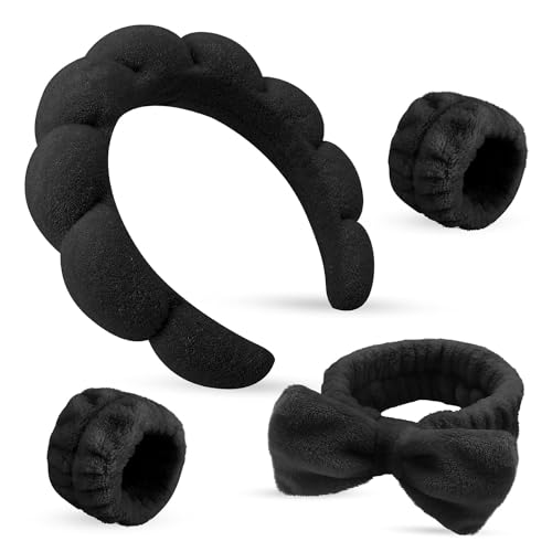 Stirnbänder, Stirnband Handgelenk Waschband Set, Handgelenkbänder, Haarband Schminken, abschmink haarband, für Mädchen zum Waschen des Gesichts, zum Schminken und zur Hautpflege (schwarz)