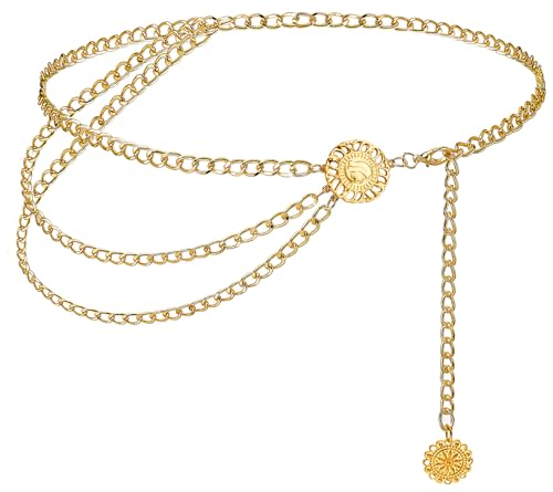 Taillenkette Pirat, Multilevel Goldene Bauchkette Damen Pirat Piratenkette Gold Kettengürtel, Einstellbar Hüftkette Pirat Belly Bauch Kette für Kleid