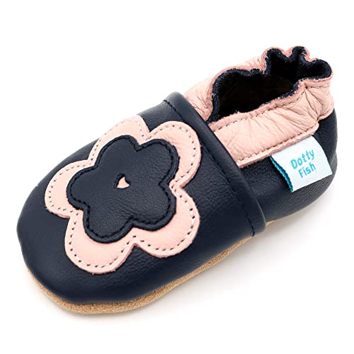 Dotty Fish Weicher Leder Krabbelschuhe Mädchen. Lauflernschuhe. Babyhausschuhe mit Wildledersohlen. Marineblau Rosa Blume. 3-4 Jahre (27 EU)