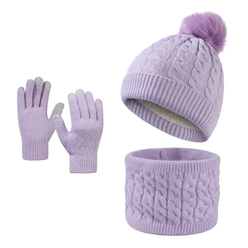 Enwokran Kinder Wintermütze Schal Handschuhe Set 3 Stück Warme Fleece Gefütterten Beanie mit Pompom Runder Schal Nackenwärmer Touchscreen Fäustling für Jungen Mädchen 5–12 Jahren (Lila)