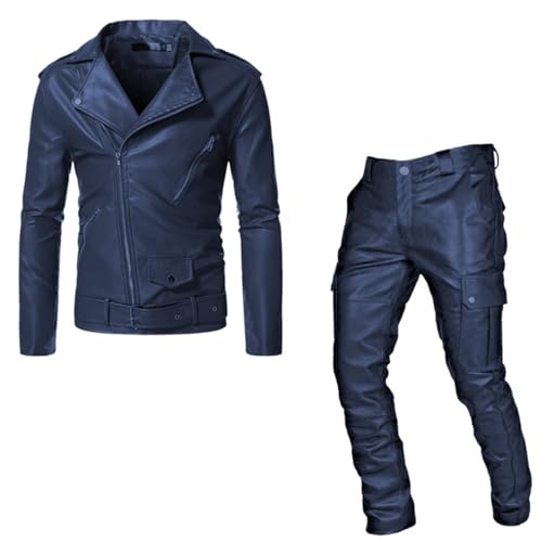 Darringls Herren Pu Leder Motorrad Set Zweiteiler Sportanzug Motorrad Anzug Lederjacke Lederhose Radbekleidung 2 Teilig Sets Mode Outfit Trainingsanzüge Outdooranzug Biker Anzug Biker Rocker