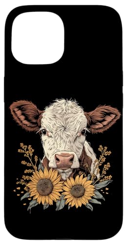 Hülle für iPhone 15 Kuh Sonnenblumen Niedliche Baby Kuh Vintage Bauernhof
