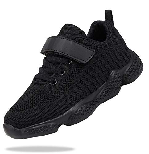 Shoful Kinderschuhe Jungen Sportschuhe Kinder Mädchen Laufschuhe rutschfest Leicht Hallenschuhe Klettverschluss Turnschuhe Mesh Atmungsaktiv Sneaker Ganz Schwarz 37 EU